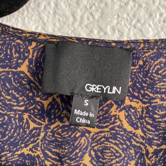Greylin Navy and Mustard Printed Silk Blouse Size Small - Picture 2 of 5